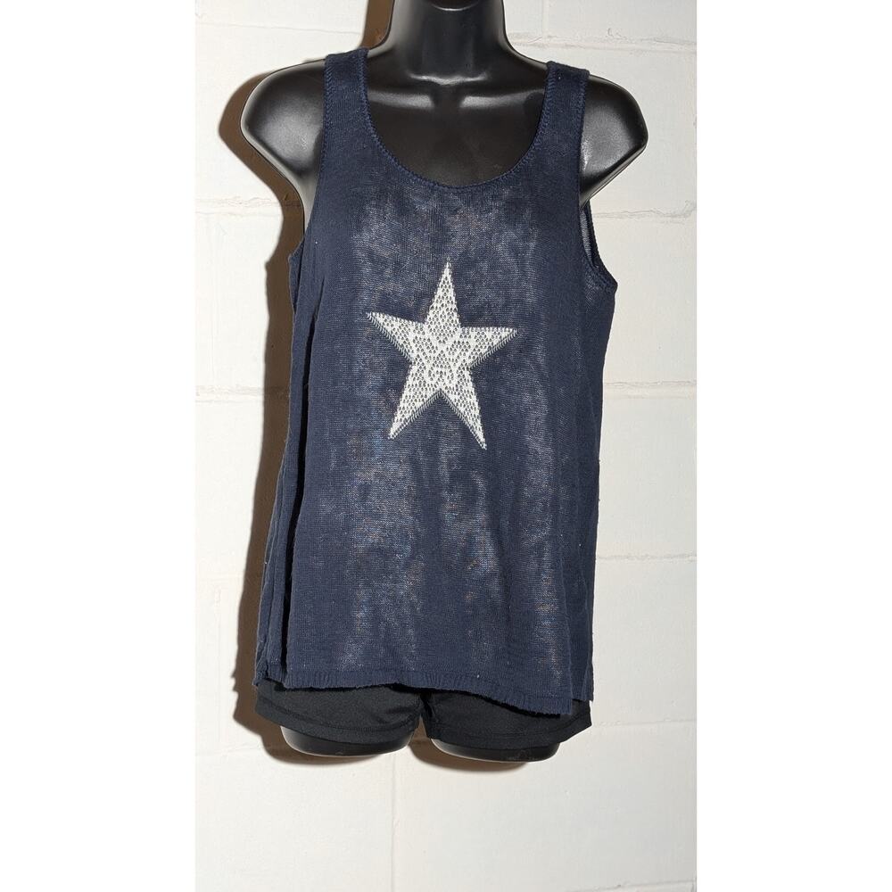 Charming Charlie Sleeveless Navy Blue Knit Sweater Tank Top White Star Small